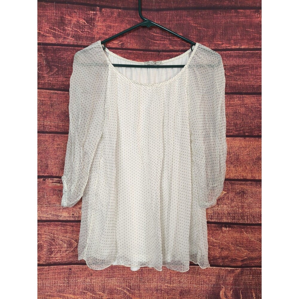 Viola Borghi Silk Gauzy Women’s White Gray Polka Dot Blouse Made in Italy Size M